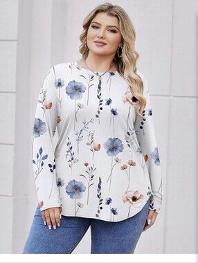 IN'VOLAND Plus Size Long Sleeve Blouse - White with Blue & Pink Floral